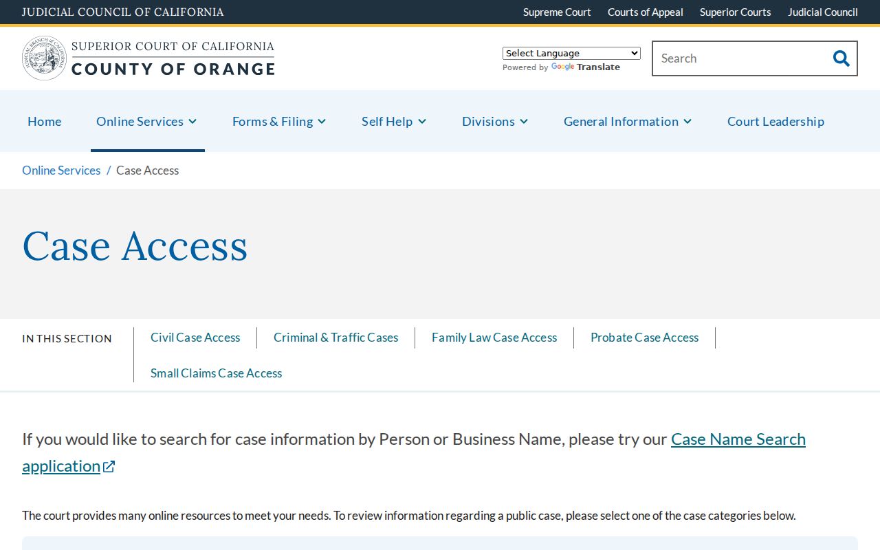 Santa Ana residents directory view of Orange County Superior Court case access