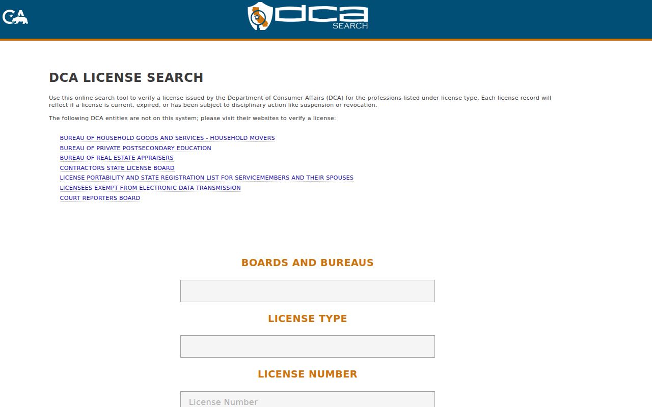 Santa Ana residents directory view of California Department of Consumer Affairs license search