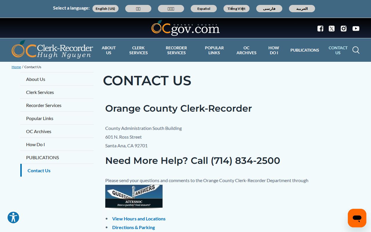 Santa Ana neighbors lookup reference to Clerk-Recorder contact information