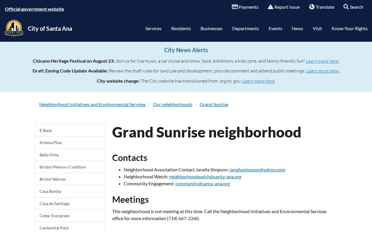 Santa Ana neighbors lookup reference to the Grand Sunrise neighborhood page