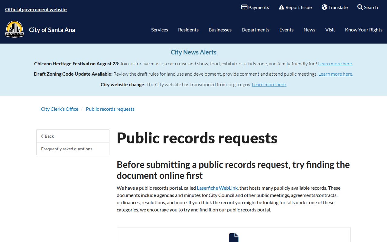 Santa Ana neighbors lookup reference to Santa Ana City Clerk public records