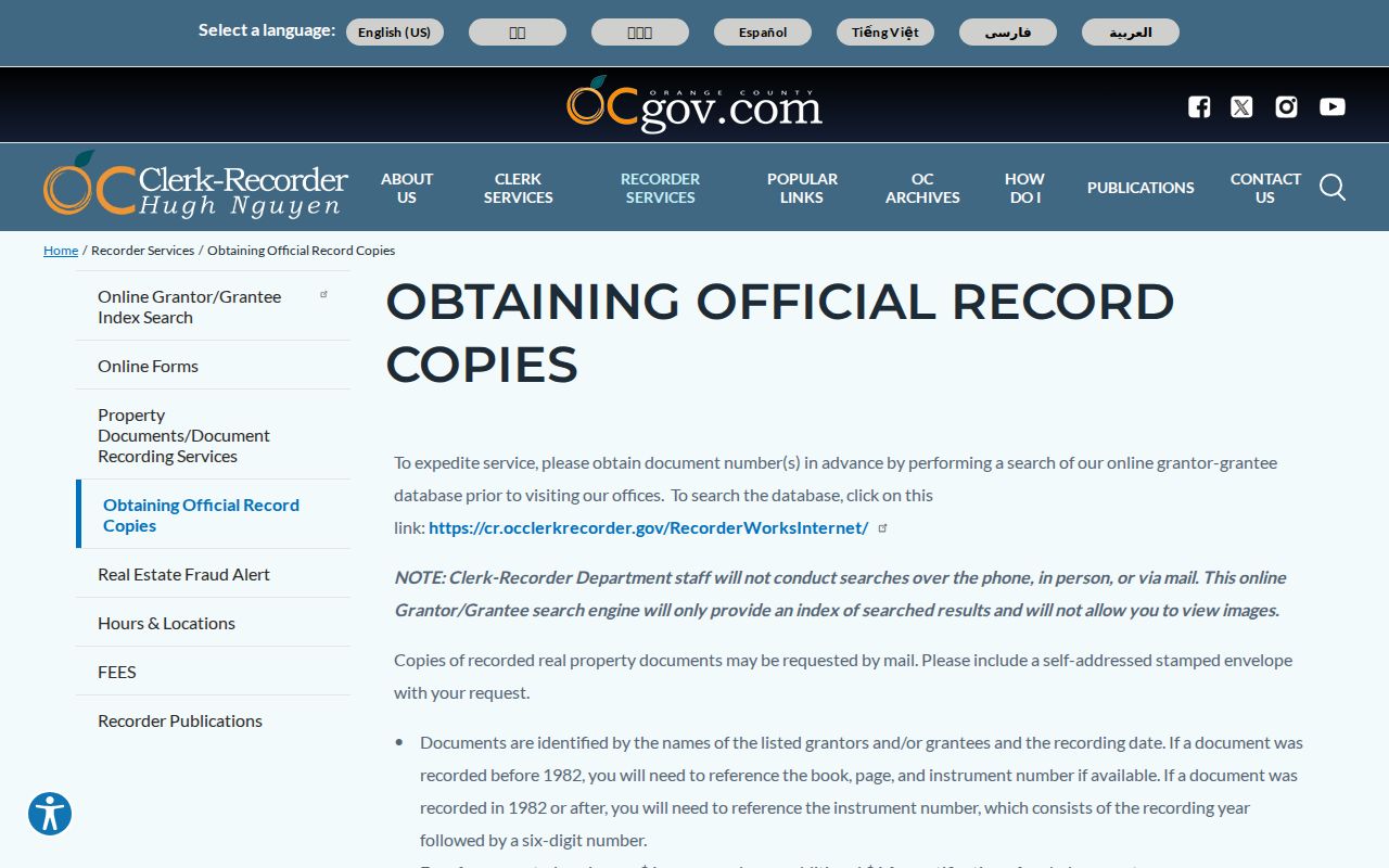 Santa Ana previous residents search reference for official recorded document copies