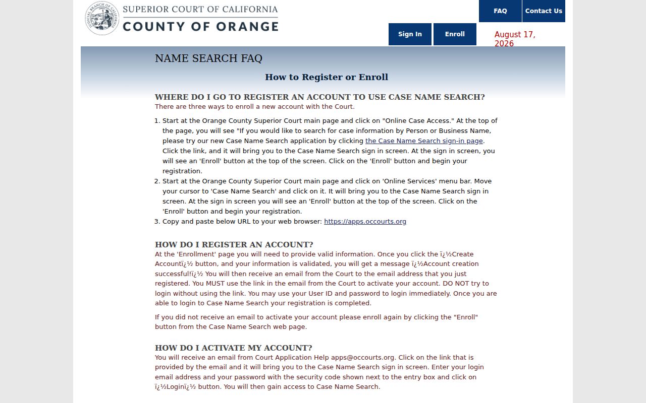 Santa Ana resident lookup court name search guidance