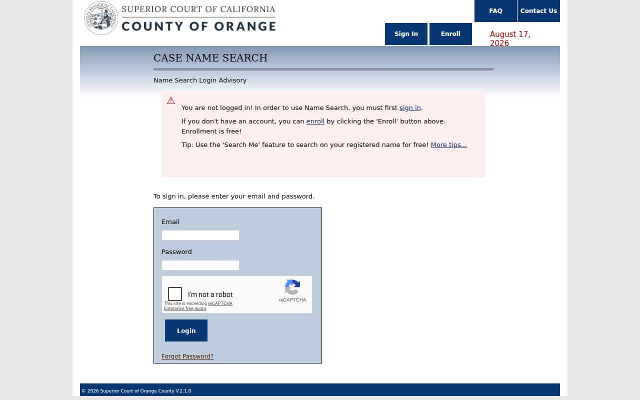 Santa Ana resident lookup Orange County court name search