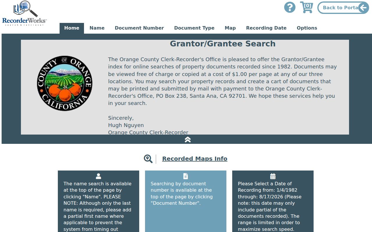 Santa Ana street directory view of the RecorderWorks grantor-grantee index