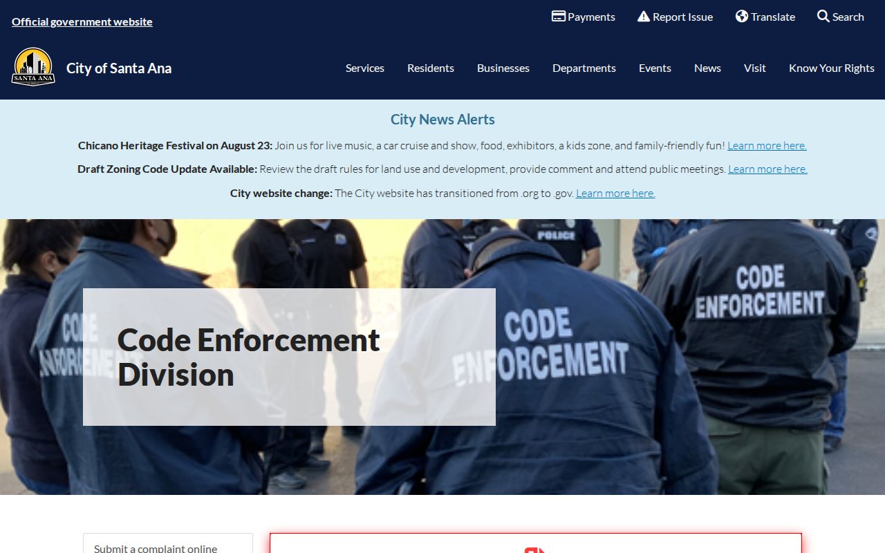 Santa Ana street directory view of Code Enforcement address records