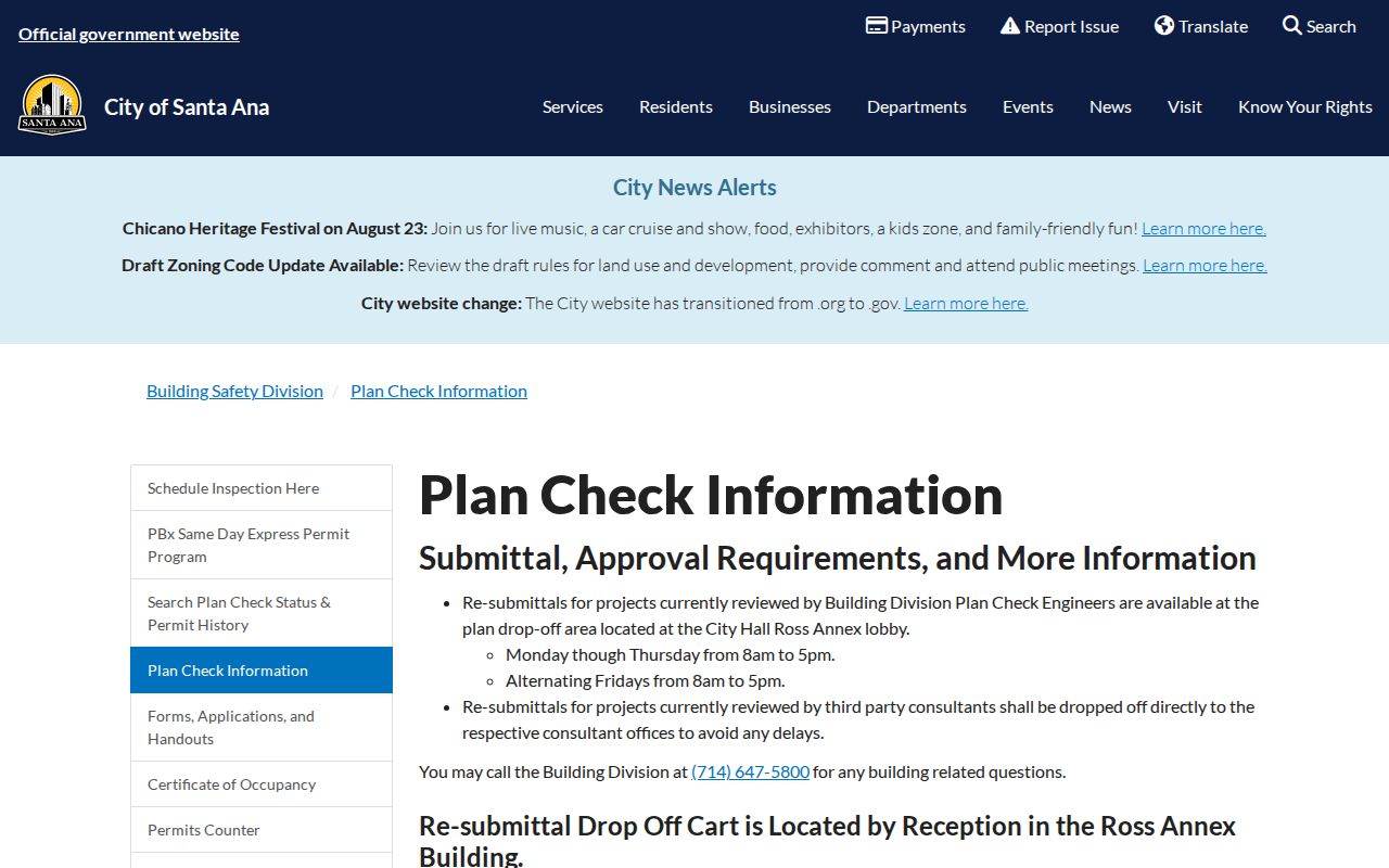 Santa Ana street directory view of the city's permits and plan check access